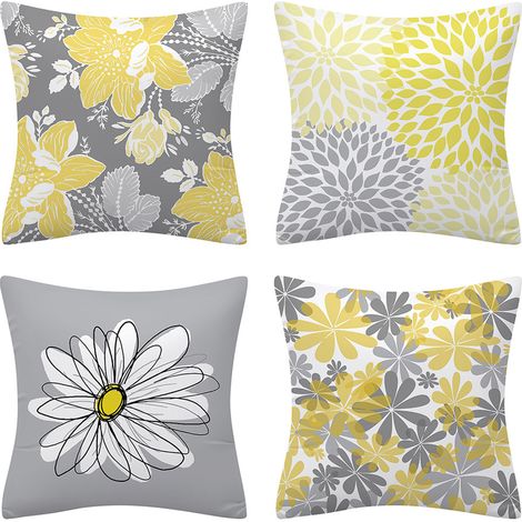 Housse de Coussin Jaune 45x45 cm, Set de 4, Motif Marguerite Jaune et Gris, Décoration Boho pour Canapé et Lit