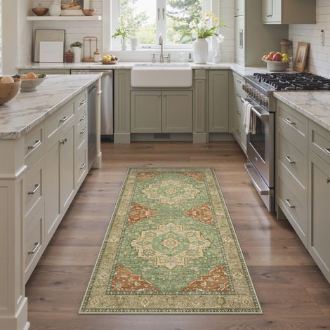 Tapis Salon Vintage Entree 80x150cm Lavable en Machine AntidéRapant Poil Ras, pour Chambre Salle a Manger Descente de Lit Bureau, Cuisine, Vert Rougeâtre Rétro (1/5)