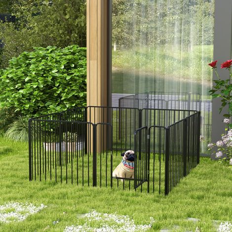 Box per Cani a 8 Pannelli Modulabili da Interno ed Esterno con 9 Picchetti, in Acciaio, 164x164x80 cm, Nero