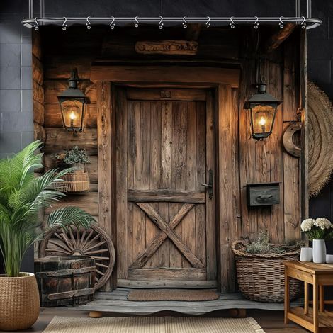 Cortina de ducha con estampado de puerta de granero rústica, 72x72 pulgadas, estilo granja con vetas de madera marrón, material poliéster, impermeable, 12 ganchos.