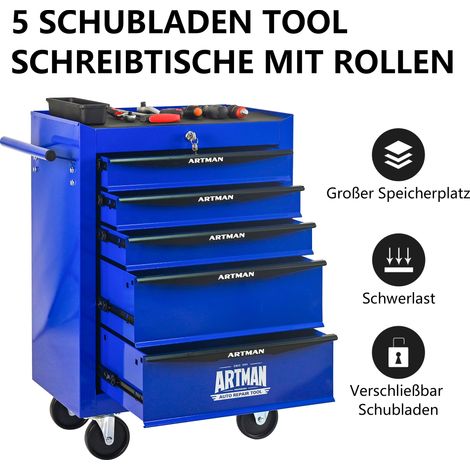 Coffre à outils en acier roulant 5 tiroirs, armoire de rangement à 5 compartiments avec glissières télescopiques, organisateur métallique noir et bleu