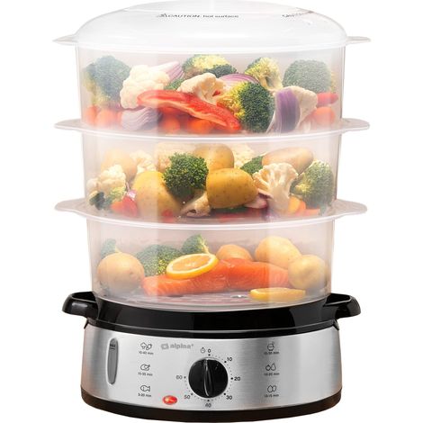 alpina Vaporeira Elettrica - Pentola a Vapore 800W - Steamer Vapore 3 Strati - Vaporiere Elettriche Senza BPA - Lavabile in Lavastoviglie - Da 0 a 60 Minuti - Capacità 9L - Grigio (1/5)