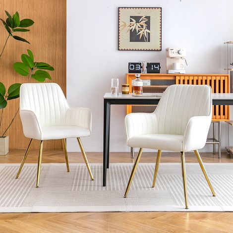 REDOM Set di 2 sedie da pranzo con braccioli, cuscino sfoderabile, gambe in metallo dorato, pelle beige