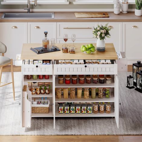 Carrito de cocina - Isla de cocina 137 x 89,5 x 45 cm con tapa abatible, almacenamiento completo, MDF, con ruedas - natural y blanco (1/5)