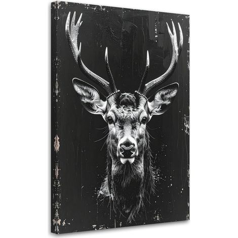 Tableau déco Tête de cerf argentée sur fond noir 60x90 (1/4)