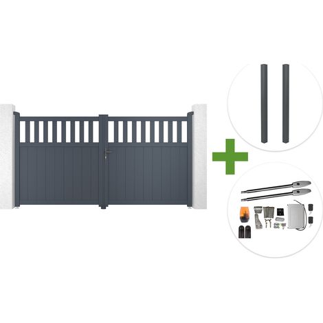 Portail battant 3m SANTIS H.160cm aluminium gris + 2 poteaux ELDA aluminium gris 15x15cm + motorisation Tanker B250 (1/5)