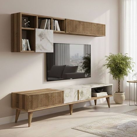 Dmora - Parete attrezzata Gemini, Composizione soggiorno, Mobile salotto multiuso, Armadio porta TV, 180x35h40 cm, Noce e Bianco Marmo, con imballo rinforzato, con imballo rinforzato (1/5)