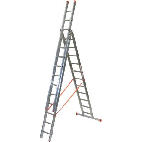 Facal – Échelle transformable 3x11 échelons – Hauteur de travail 9,24 m – Charge maximale 150 kg – Crochets de sécurité en acier – Verrouillages anti-dévilement