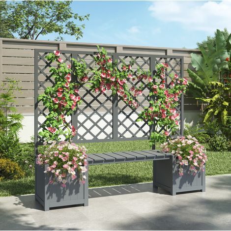 Jardinera con enrejado y asiento (169x145x42 cm), para plantas trepadoras, madera maciza de abeto, gris (1/5)