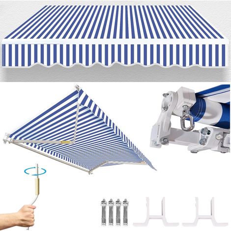 Store Banne Manuel, 300x250cm Bleu-Blanc avec manivelle Auvent Rétractable à Bras Repliable, Pare-Soleil Anti UV et Imperméable, Réglable en Inclinaison, pour Terrasse Bistro Balcon (1/5)