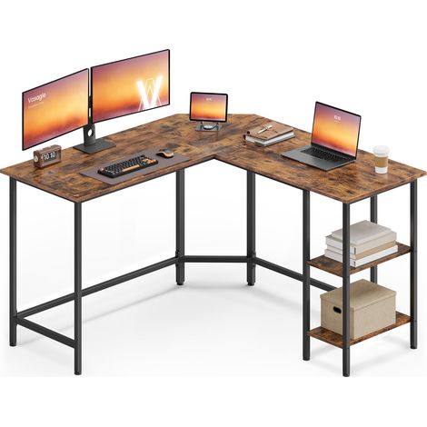 Bureau d'Ordinateur en Forme de L, 130 x 130 x 76 cm, Bureau d'angle avec 2 Étagères, Gain de Place, pour Jeu, Marron Rustique et Noir d’Encre LWD123K01V1 (1/5)