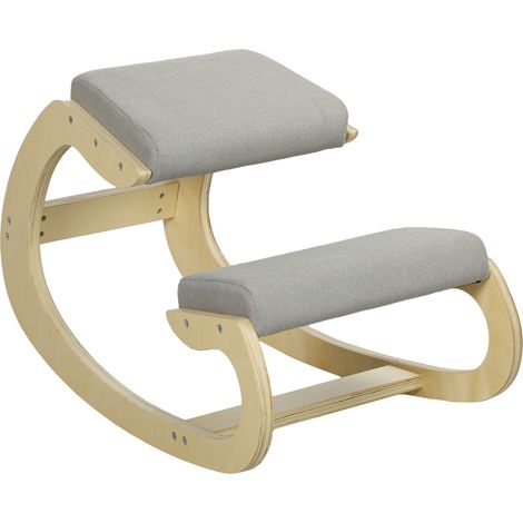 Sedia Ergonomica con Inginocchiatoio e Reclinabile, in Tessuto Effetto Lino e Legno, 55x85x55 cm, Grigio Chiaro