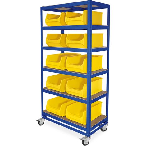 BRB Etagenwagen mit 6 Ebenen, BxTxH 900x500x1905 mm, 4 Lenkrollen, 2 mit Feststellbremse, blau, bestückt mit 10 Sichtboxen LB2, BxTxH 300x500x200 mm (Gelb)