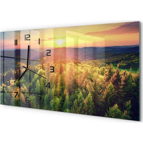 Horloge Murale Design Original 60x30 cm Verre Trempé Silencieuse Salon Coucher du soleil dans la forêt (1/5)