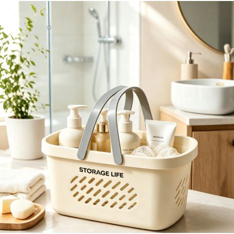 panier de douche portable avec séparation sec et humide grande capacité couleur blanc crème pour rangement de produits de toilette salle de bain dortoir étudiant (1/3)