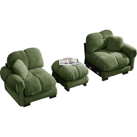Divano Modulare 2 Posti, Design Trapuntato, con Pouf Mobile e Cuscino, Chenille, Verde (1/5)