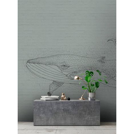 Papier peint panoramique animaux salle de bain | Tapisserie panoramique baleine moderne | Papier peint panoramique gris pour couloir - 270 x 400 cm (4 pièces) (1/5)