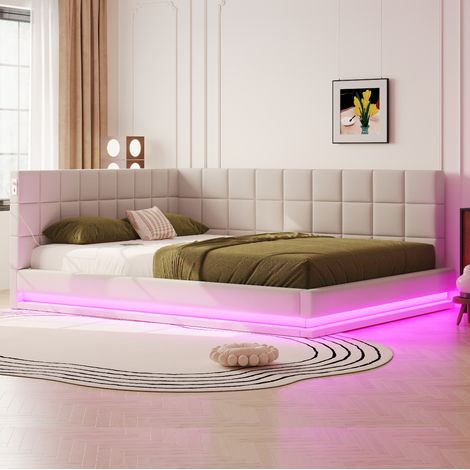 Lit banquette moderne 160x200 cm en tissu aspect lin beige avec LED RGB, USB et sommier à lattes (1/5)