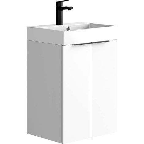 Ensemble de Meuble de Salle de Bain 45 cm avec Meuble avec lavabo. Mélamine 16. Meuble monté, lavabo incliné, sans Miroir à Deux Portes Blanc (1/5)