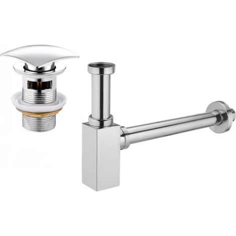 Mexen demi-siphon carré pour lavabo avec bouchon clic-clac, avec trop-plein, Chrome - 7992660-00 (1/3)