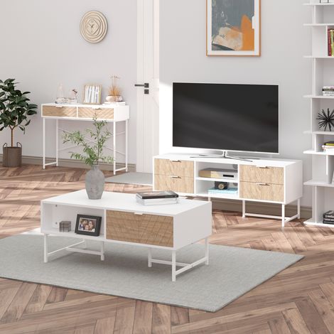 HOMCOM Table Console Style Industriel, 2 Tiroirs, Aspect Bois de Chêne Sculpté (Motif Chevrons), Pieds Métal, Blanc