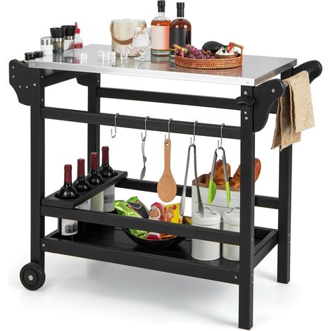 COSTWAY Cocina Exterior, Mesa Carro de Barbacoa con Estante HDPE, Tapa de Acero Inoxidable, Bandeja para Condimentos, Estante para Botellas, con Asa y Ruedas (1/5)