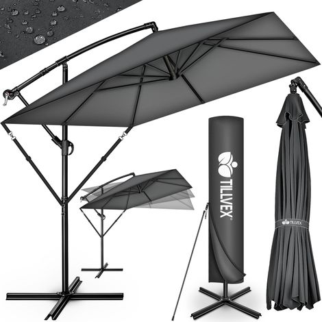 tillvex® Alu Sonnenschirm Rechteckig Ø 330 cm Anthrazit + Abdeckung mit Kurbel Ampelschirm Eckig mit Ständer & Windschutz Gartenschirm UV-Schutz Aluminium Kurbelschirm Marktschirm wasserdicht 360°