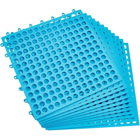 Lot de 24 dalles de sol reliables avec trous de drainage - 31 x 31 cm - En plastique souple - Antidérapant - Pour salle de bain, terrasse, piscine, jardin, cuisine et zones humides - Bleu (1/5)