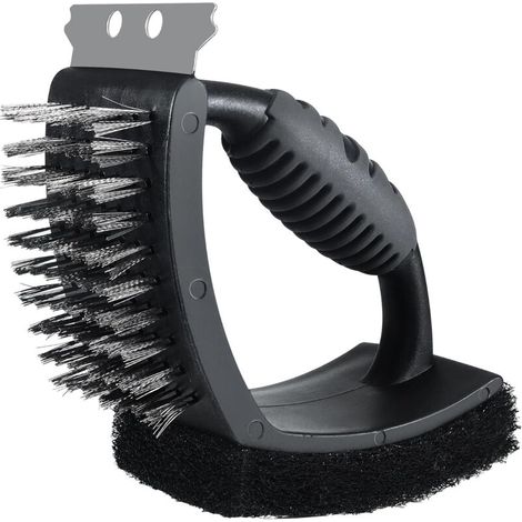 Kit di pulizia per barbecue 3 in 1 con spazzola, raschietto in acciaio, spugnetta abrasiva, spazzola in filo di rame e manico isolante (nero) (1/4)