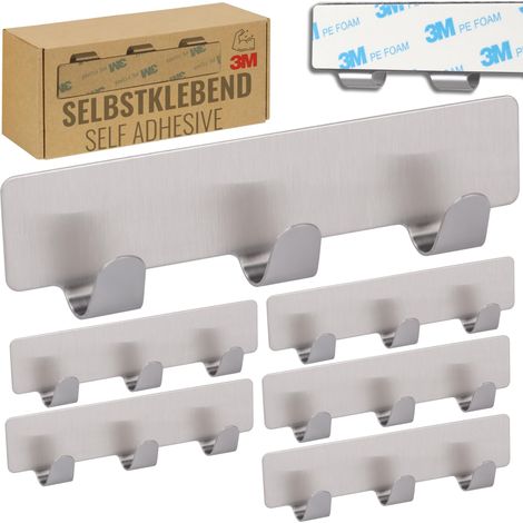 Crochet Adhesif Mural, Barre à Crochets avec 3 Crochets pour Cuisine et Salle de Bain Crochet porte manteau Patère murale Montage sans Percage Lot de 6, Acier Inoxydable Argent (1/5)