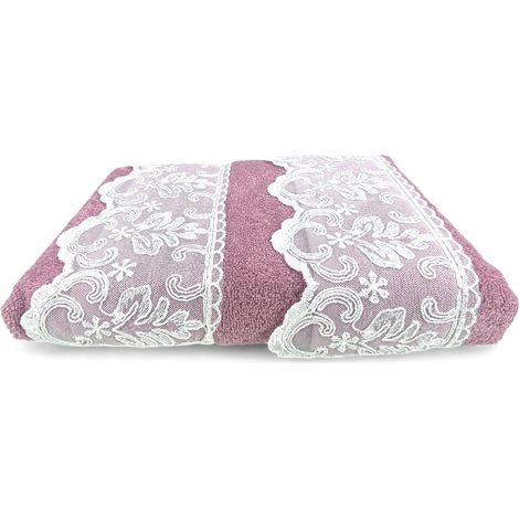 Set Asciugamani 1+1 Pizzo Macramè Malika Rosa, Puro Cotone, Made in Italy, Idea Regalo, Confezione Elegante