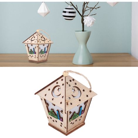 Ornements artisanaux en bois pour l'Aïd al-Fitr et le Ramadan, maisons 3D avec lumières LED. (1/5)