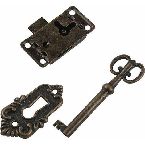 Cyan Loquet et targette Quincaillerie de meuble Serrure Boîte artisanale Serrure de tiroir Ensemble de trois pièces Porte de meuble Serrure classique Boîte à bijoux Armoire Serrure antique (1/4)