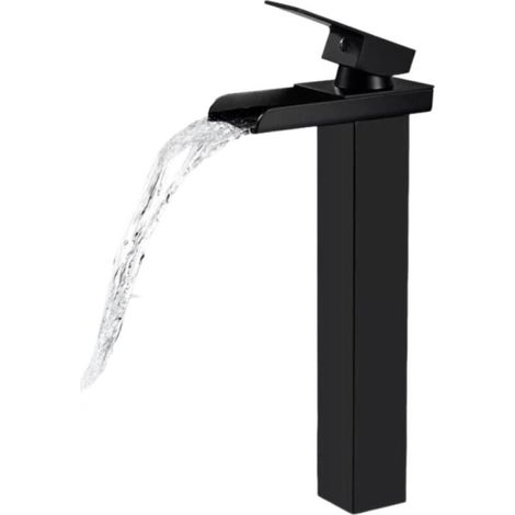 Robinet de salle de bain cascade noir mat, robinet mitigeur de lavabo cascade haute, robinet de lavabo avec bec surélevé (plomberie non incluse)