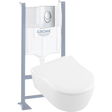Pack inodoro suspendido sin cerco VILLEROY ET BOCH Avento + asiento + placa cromada + estructura Grohe