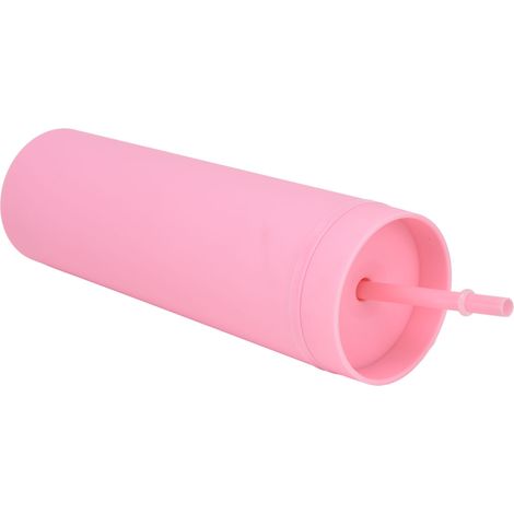 Bouteille en plastique opaque rose, double paroi, cylindrique, avec couvercle et paille, idéale pour cadeaux de fête du Nouvel An (1/5)