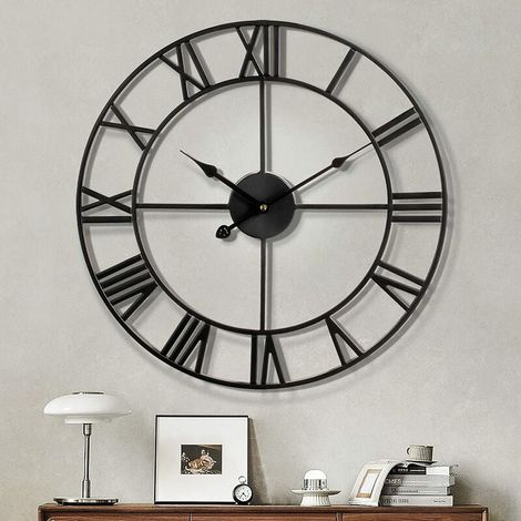 Reloj de pared grande con números romanos modernos, silencioso, redondo, de metal, para sala de estar, cocina, dormitorio, estilo vintage, para jardín, decoración, color negro, 40 cm (1/5)