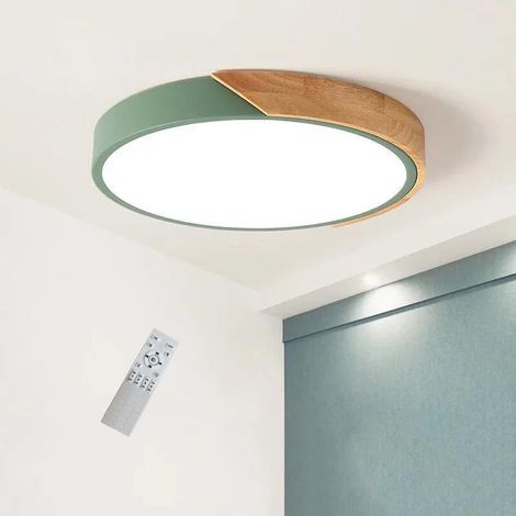 Plafonnier LED Bois, Dimmable Lampes de Plafond rond intérieur avec télécommande,  36W, Chambre, Cuisine, Couloir(Vert 40CM)