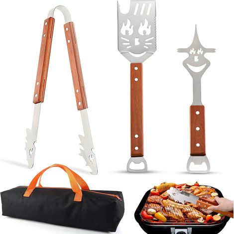 Grillzubehör-Set, Grillzange, multifunktionale Utensilien mit Holzgriff, Messer und Gabel, Säge, Vatertagsgeschenk (3-teilig, ABC) (1/5)