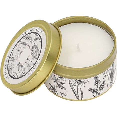 Bougie parfumée aux huiles essentielles de plantes naturelles, cire de soja, en boîte métallique dorée, 70 g, jacinthe des bois