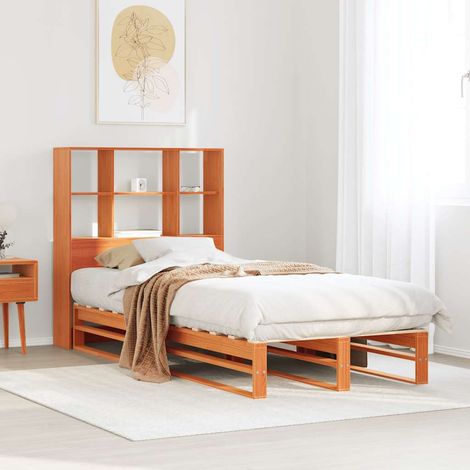 Lit bibliothèque sans matelas cire marron 100x200cm bois massif (1/5)
