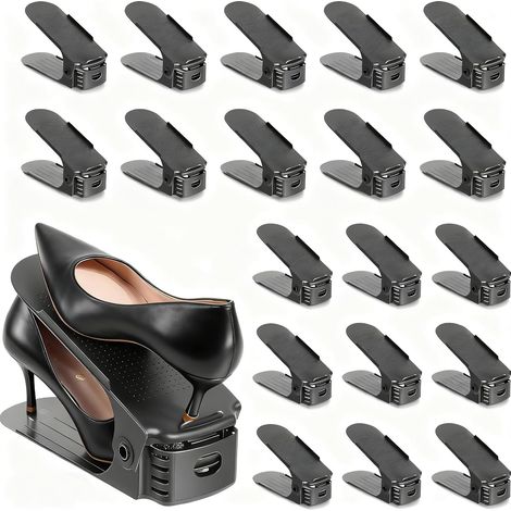 Lot de 20 emplacements à chaussures – Empileur de chaussures réglable à 4 niveaux, économise de l'espace de 50 %, supports double couche pour placard (noir) (1/5)
