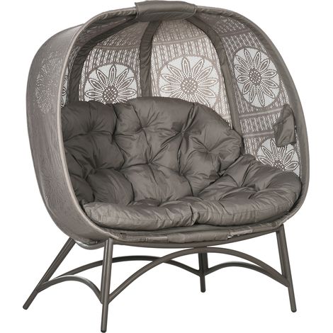 Fauteuil 2 places pliable en acier avec coussin et motif floral, siège lounge pour balcon et terrasse, 126 x 75 x 142 cm (1/5)