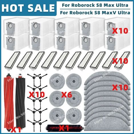 Pièces de rechange et accessoires pour Roborock S8 MaxV Ultra et S8 Max Ultra, y compris la brosse principale, la brosse latérale, le filtre HEPA, la serpillière et le sac à poussière.