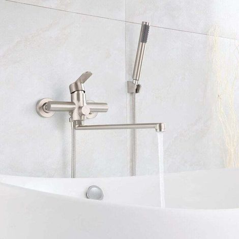 Bath tap with hand shower, single-handle round hand shower mixer, brushed stainless steel wall-mounted shower tap for the bathroom (outlet length: 35 cm) (1/4)