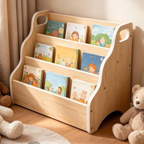 Relaxdays Children’s Bookshelf, Portable Desk Organiser, 3-Tier Desk Shelf, HWD 31 x 51 x 28 cm, MDF, natural (1/5)