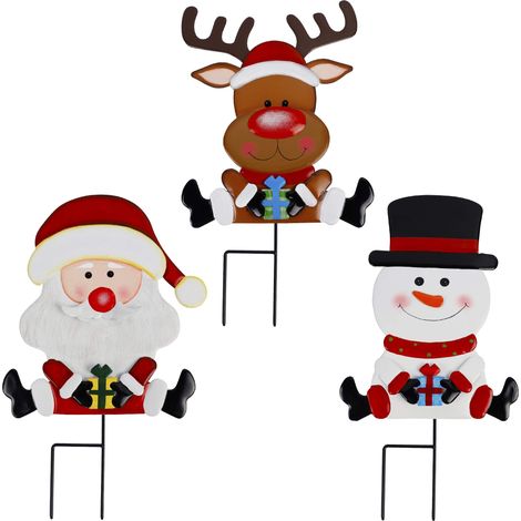 Lot de 3 panneaux de cour de Noël, piquets décoratifs en métal pour décoration de jardin, pelouse, bonhomme de neige, Père Noël, renne, décoration extérieure (1/5)