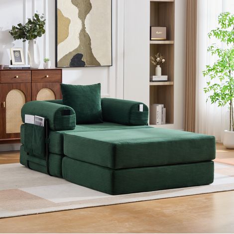 Canapé modulable en velours côtelé vert émeraude 112x190x67 cm avec pouf, coussin et poche latérale (1/5)