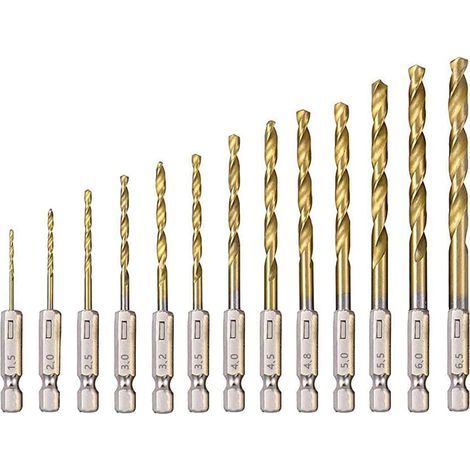 Set mit 13 Spiralbohrern aus Schnellarbeitsstahl mit Titanbeschichtung, Größen von 1,5 mm bis 6,5 mm, geeignet zum Bohren von Holz, Metall und Kunststoff. (1/5)