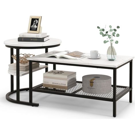 Goplus – Lot de 2 tables basses gigognes – Plateau en faux marbre blanc – Empilables – Design moderne noir et blanc – Structure en métal durable (1/5)
